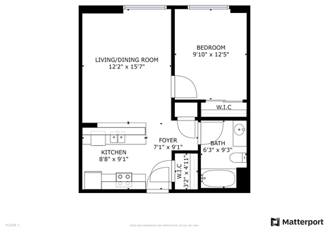 Floor plan for 1 bed, 1 bath, 575 sqft